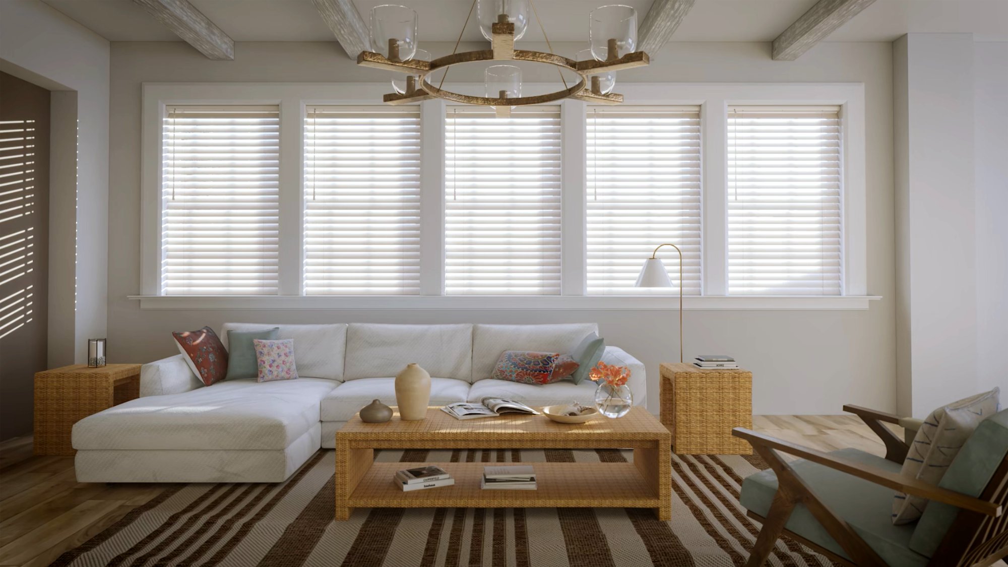 Ultimate Blinds wood-look installation – Las Vegas living room
